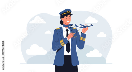 Joyful Airwoman Holding Miniature Airplane Ready For A Soaring Flying Adventure