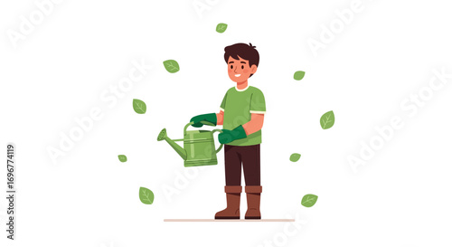 Gardener Holding Watering Can With Leaves Around, Gardening Illustration