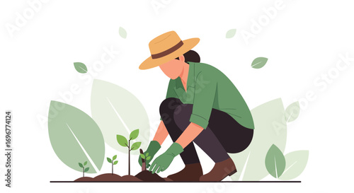 Gardener Cultivating Seedlings in a Garden with an Illustrative, Eco-Friendly Aesthetic