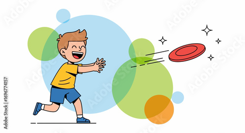 Joyful Boy Playing, Catching Disc, Fun Activity, Sport Time, Summer Day