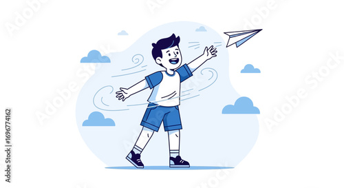 Joyful Boy Releasing Paper Airplane Into The Wind Against Sky With Clouds Backdrop