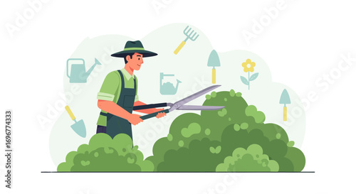 Gardener Pruning Bush with Large Shears Illustration: Outdoor Landscape and Manual Task