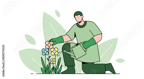 Gardener Tending To Blossoming Flora With Watering Can, Simplified Illustration