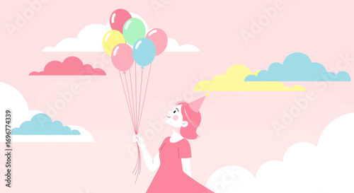 Joyful Celebration: Whimsical Woman Holding Balloons, Floating in Pink Sky with Decorative Clouds