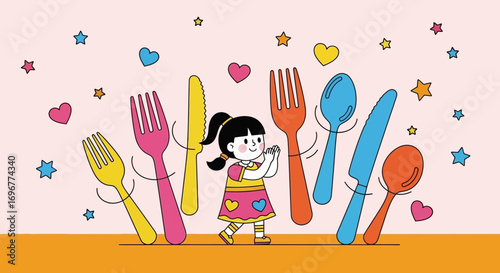 Joyful Celebration Of Dinner Time With A Cheerful Girl And Colorful Cutlery