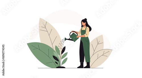 Gardener Tending To Green Plant With Watering Can, Lifestyle And Botanical Scene