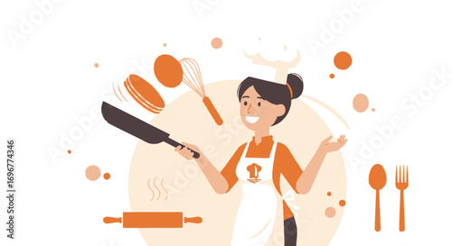 Joyful Chef Portraying Culinary Experience, Cooking Elements, Kitchen Illustration, Cook Smiling