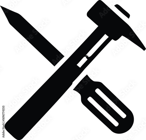 Construction tools crossed black silhouette with Hammer, chisel, and screwdriver for repair and building