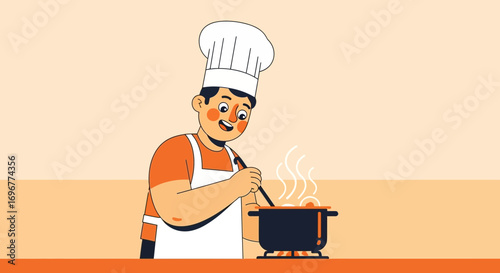Joyful Chef Preparing Food in a Kitchen Illustration: A Culinary Delight