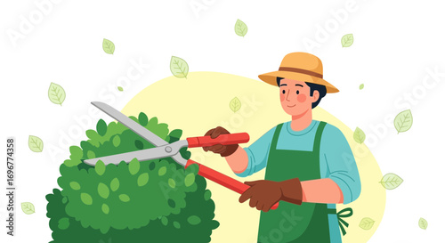 Gardener Trimming Bush With Shears, Seasonal Yard Maintenance, Garden Work Illustration