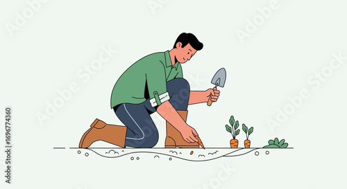Gardener Tending To His Young Plants With Patience And Great Care For The Crop