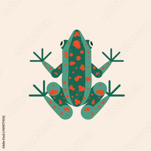 Symmetrical top-down illustration of a stylized green tropical frog with vibrant red spots on a light background