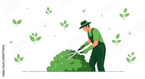 Gardener Trimming Greenery Using Shears Depicting A Man Caring For Foliage in Garden