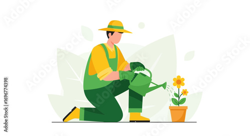 Gardener Watering A Blooming Flower, An Illustration Of Gardening In Vector