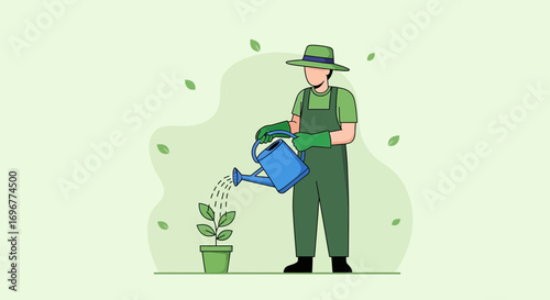 Gardener Watering Young Plant, Nurturing Life and Cultivating Green Spaces with Care