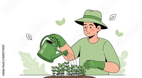 Gardener Waters Young Plants: Cultivating Growth and Nurturing A Thriving Garden Scene