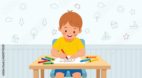 Joyful Child Concentrating While Creating Art, Illustrating With Crayons In The Room