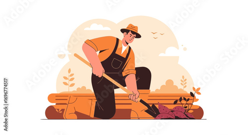 Gardener Working Diligently, Cultivating Soil, Planting Food Crops and Promoting Well-being