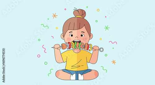 Joyful Child Consuming Grilled Skewered Food in an Artistic Illustration
