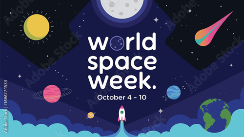 Vector art of world space week banner featuring a colorful rocket ascending through a cosmic landscape with planets, stars, and nebulae