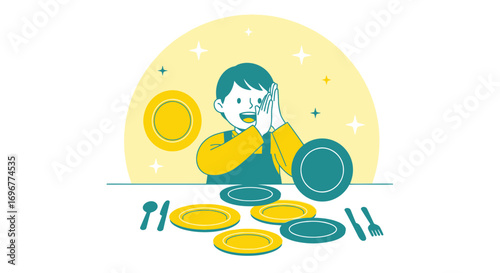 Joyful Child Displaying Plates And Cutlery With Energetic Illustration and Bright Hues