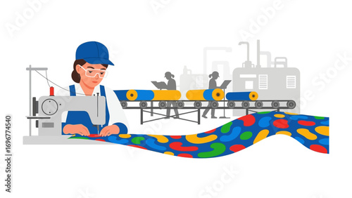 Artisan at Work: A graphic illustration of a skilled artisan meticulously operating a sewing machine in a textile mill, demonstrating the process of garment production.