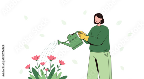 Gardening Practices: A Person Watering Flowers with a Green Watering Can, A Digital Illustration