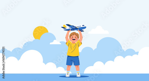 Joyful Child Dreaming Of Flying High Through The Sky Holding A Plane On Sunny Day