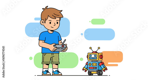 Joyful Child Demonstrates Robotic Control With Friendly Robot Companion Illustration