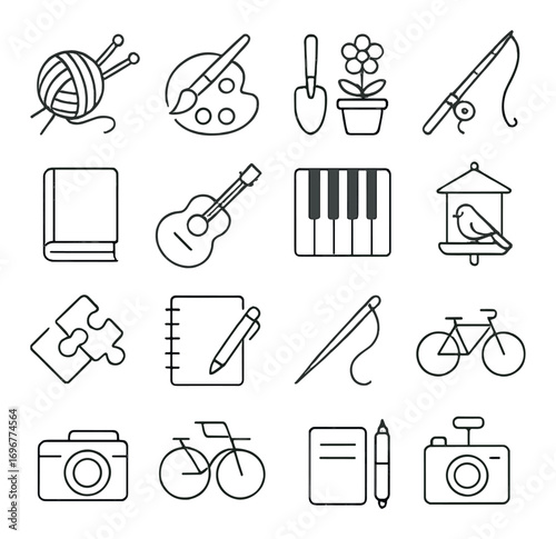 Outline icons of hobbies and activities featuring music, art, gardening, photography, and sports