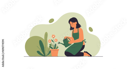 Gentle Gardener Nurturing Blossoms with Water in Serene and Simplified Illustration Style