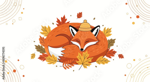 Gentle Fox In Autumnal Dream Wrapped With Fall Leaves And Wearing A Beanie