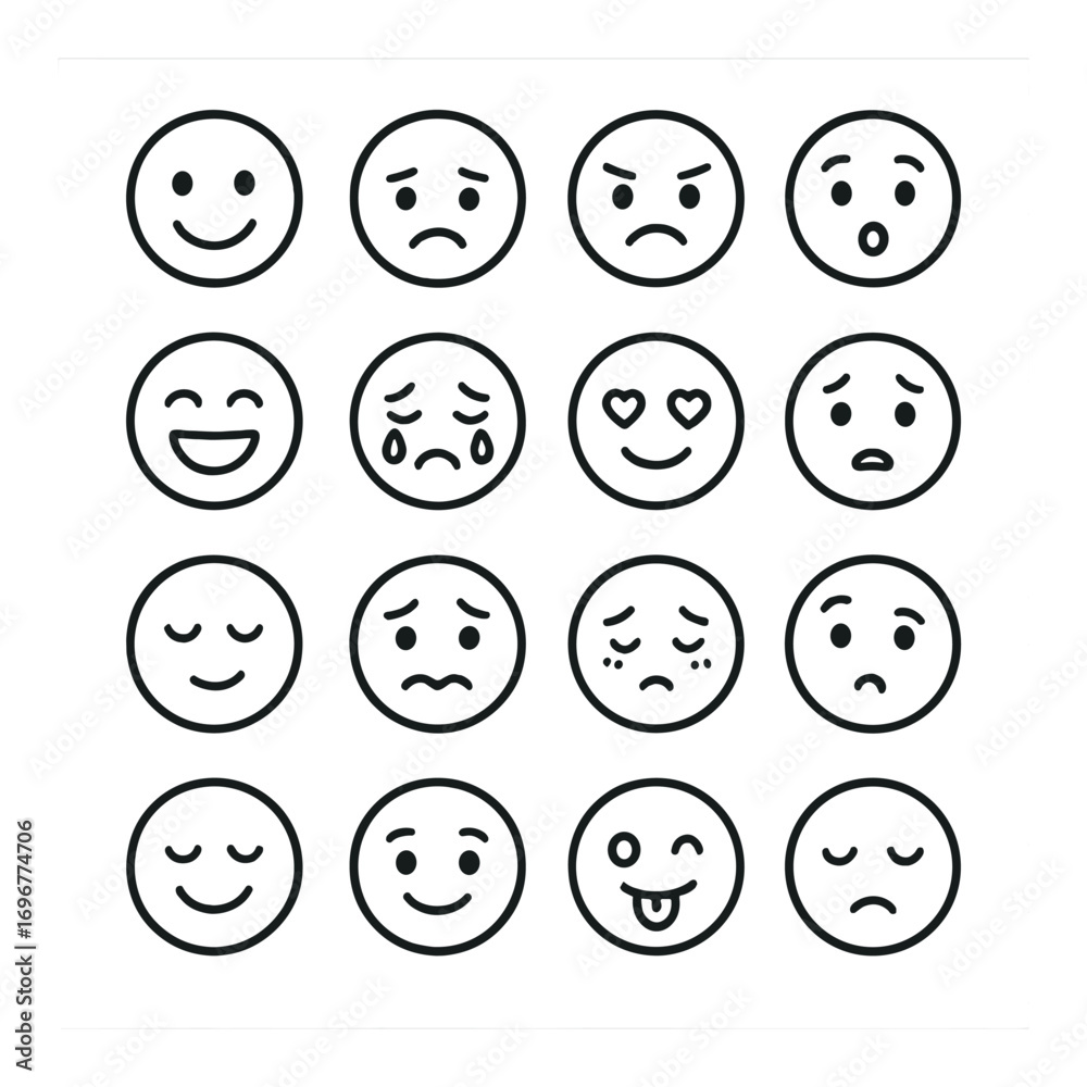 Grid of diverse emojis displaying various emotional expressions