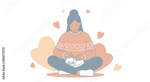 Gentle Woman Cradling Cat in Peaceful Embrace Amidst Heartfelt Backdrop