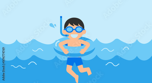 Joyful Child Floating In Blue Water With Goggles And Snorkel For Summer Fun