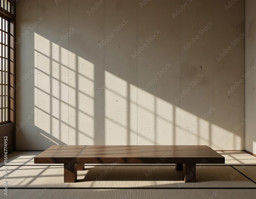 Fototapeta premium Serene traditional Japanese room with sunlight streaming through window onto tatami mats and wooden table