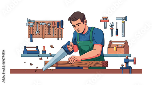 Carpentry Work: A skilled carpenter focuses intently as he saws a piece of wood on a workbench, surrounded by his tools in a studio setting.