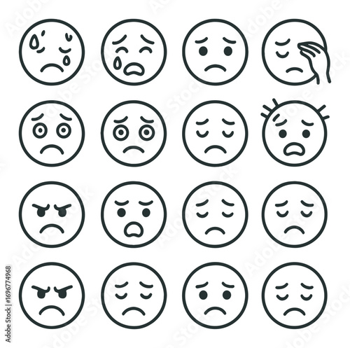 Sixteen gray emojis displaying a range of sad and worried expressions