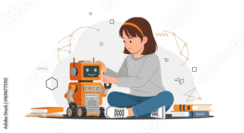 Girl Assembling a Robot for Education with Technology and Future Innovation