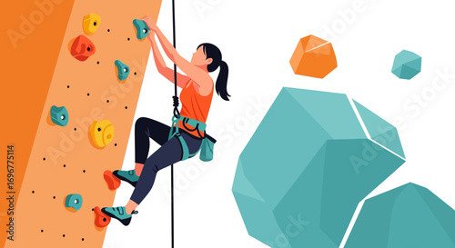 Girl Ascending The Wall, Achieving Higher Goals, Sportive, Adventurous, And Energetic Activity