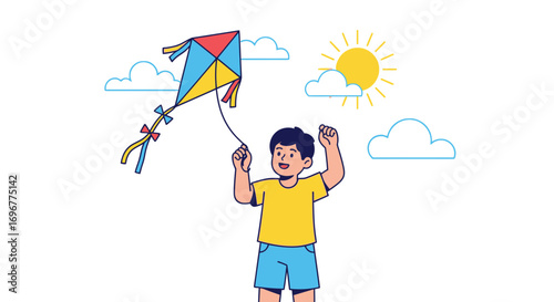 Joyful Child Flying A Colorful Kite Under The Bright Sunny Sky And Fluffy Clouds