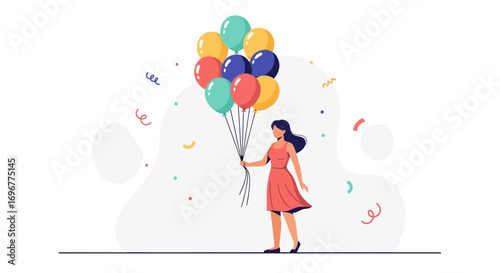 Girl Celebrating Joyfully With Colorful Balloons, Party Decorations Presenting Happiness