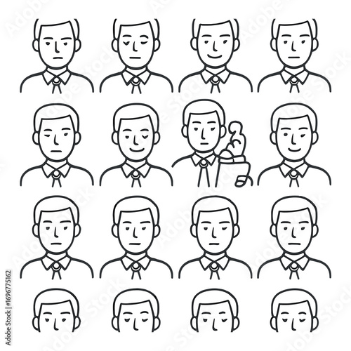 Cartoon illustrations of a caucasian male character with various expressions