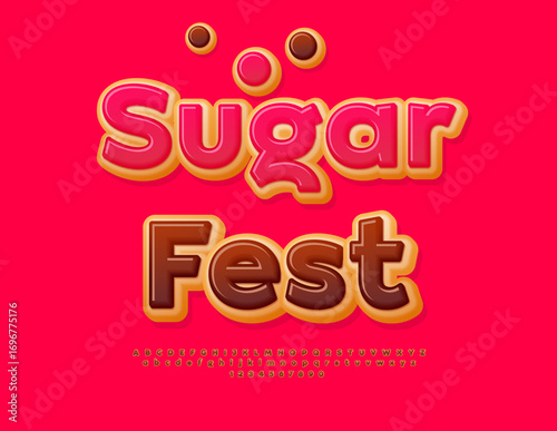 Vector Delicious flyer Sugar Fest. Donut style Font. Sweet Chocolate Glazed Alphabet Letters and Numbers set