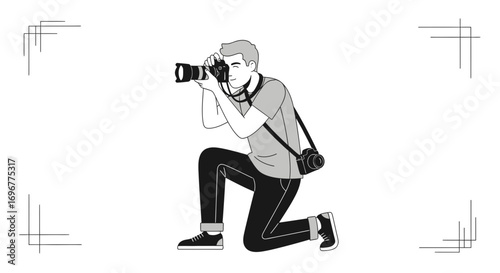 Enthusiastic Photographer Capturing Moment In A Dynamic Composition, Black And White