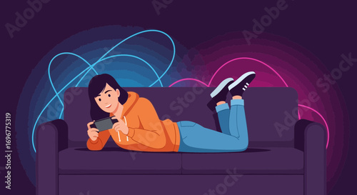Girl Relaxing And Playing Games On A Couch with Colorful Background Graphics