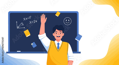 Enthusiastic Student Raises Hand Ready To Answer Questions In Classroom Environment