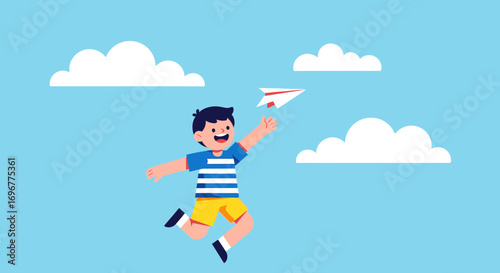 Joyful Child Launching Origami Airplane in Clear Sky with Whitish Clouds Illustration
