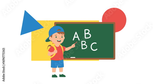 Joyful Child Learning ABCs On Blackboard With Colorful Geometric Shapes And Backpack