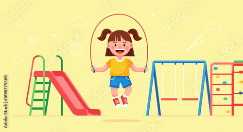 Joyful Child Jumping Rope in Playground, Vibrant Illustration of Playtime and Fun